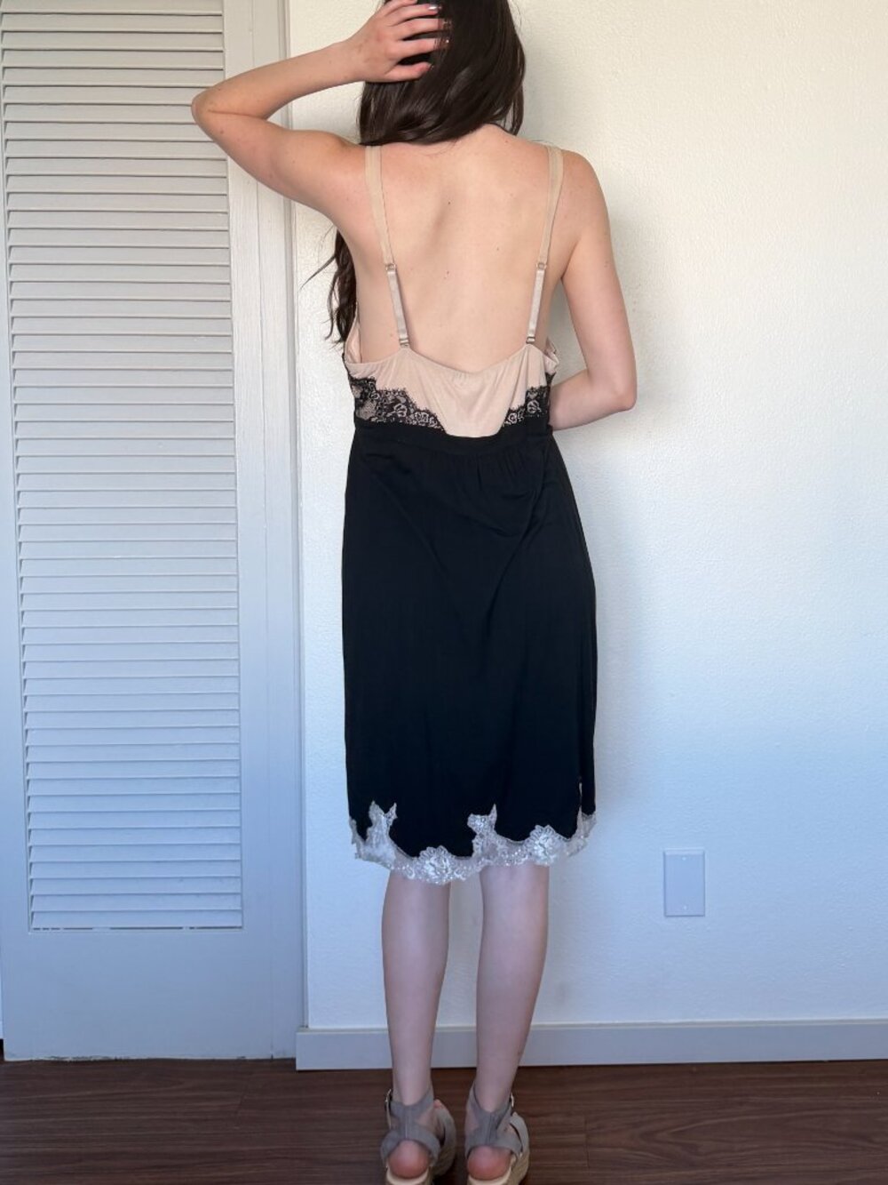 Y2K Mini Babydoll Dress (L) large black tan vintage lace sexy nightie glam goth - Picture 3 of 8